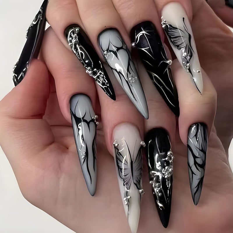SINHOT Stiletto Press on Nails - Long Fake Nails, Glossy Finish, Black Butterfly & Gothic Style, DIY Artificial False Nail Art - 24 Pcs Nail Kit with Glue - Image 1